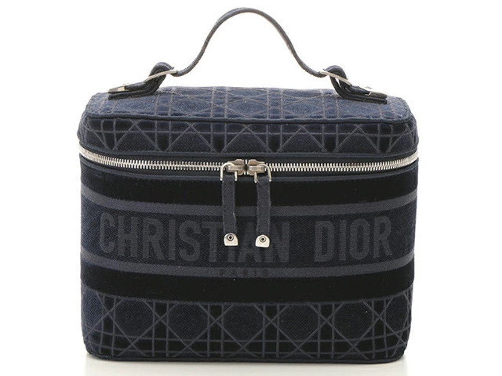 Christian Dior Cannage Vanity Case Handbag Navy Blue Canvas Velvet